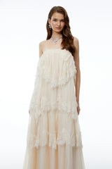 Rhema Cream White Tiered Maxi Dress with Lace Trim