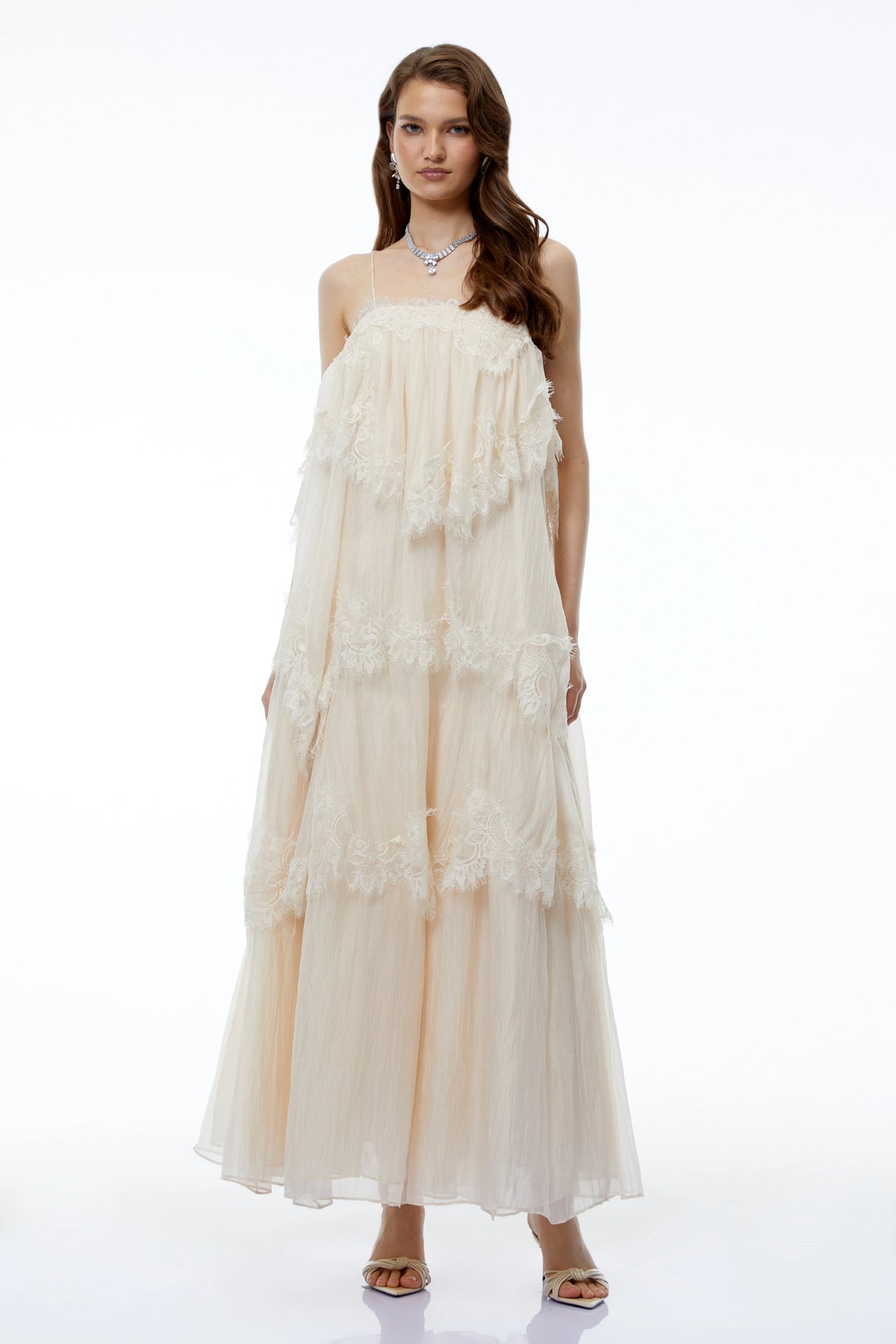 Rhema Cream White Tiered Maxi Dress with Lace Trim