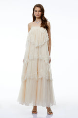 Rhema Cream White Tiered Maxi Dress with Lace Trim