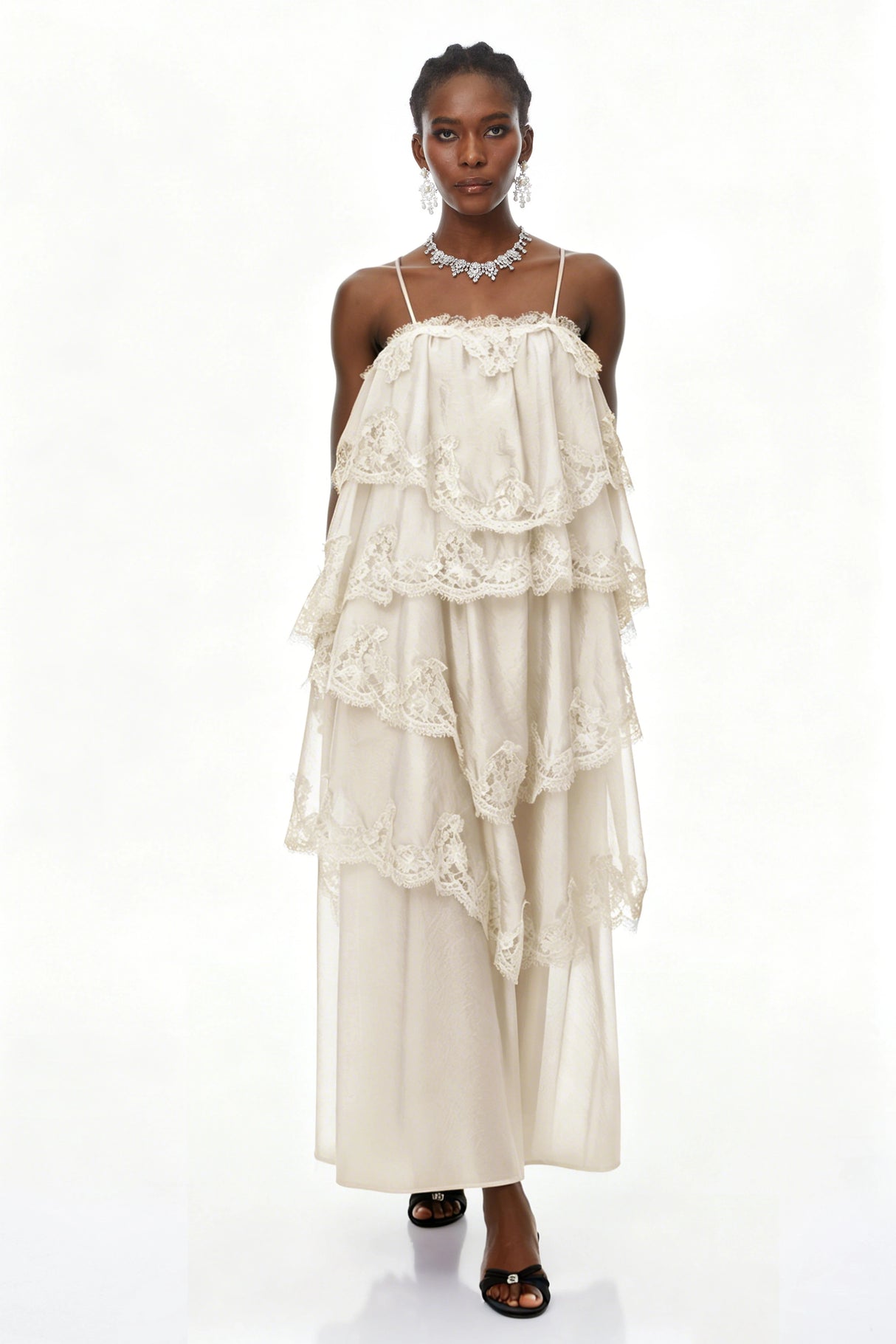 Rhema Cream White Tiered Maxi Dress with Lace Trim