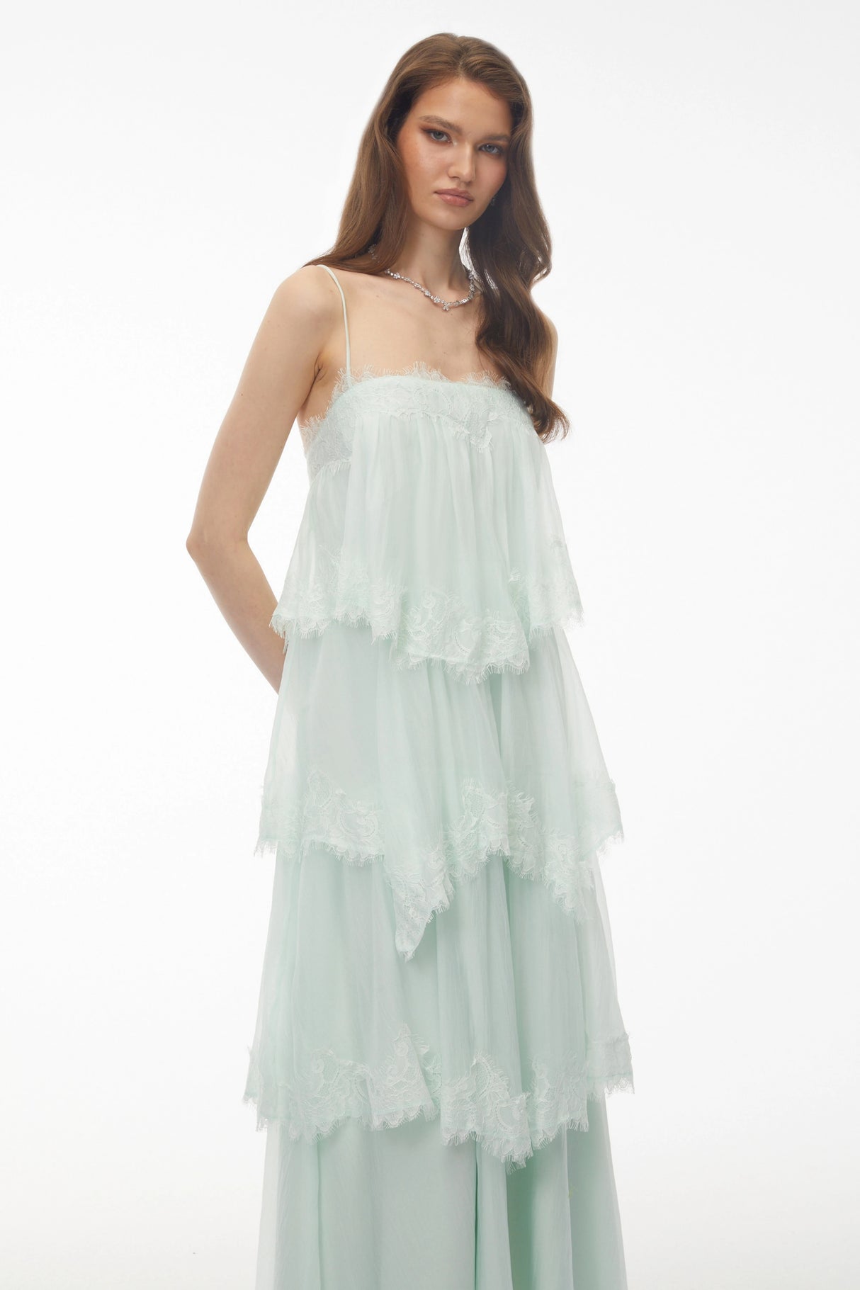 Rhema Mint Green Tiered Maxi Dress with Lace Trim