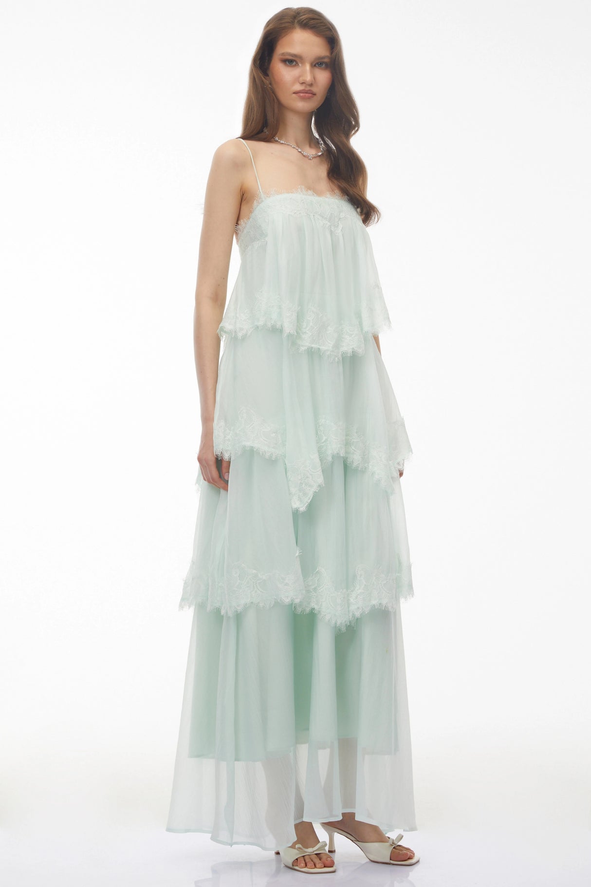 Rhema Mint Green Tiered Maxi Dress with Lace Trim