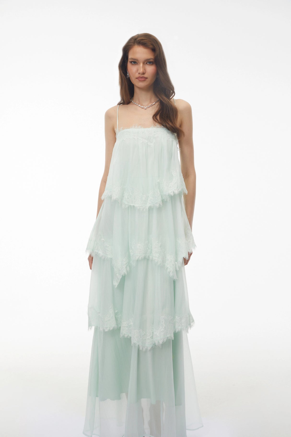 Rhema Mint Green Tiered Maxi Dress with Lace Trim