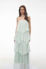 Rhema Mint Green Tiered Maxi Dress with Lace Trim