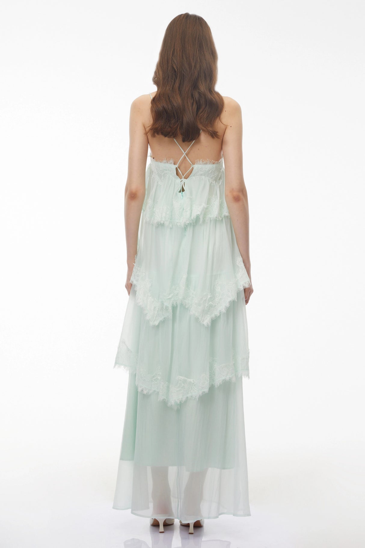 Rhema Mint Green Tiered Maxi Dress with Lace Trim
