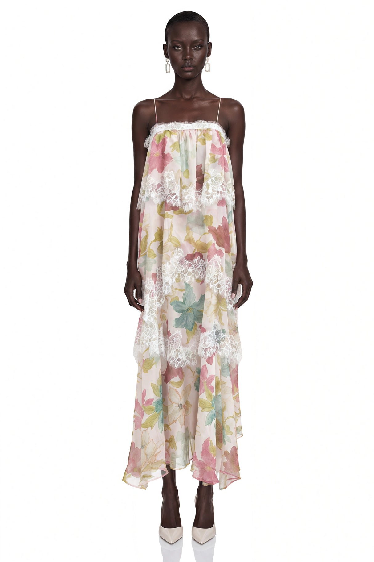 Rhema Pink Floral Tiered Maxi Dress with Lace Trim
