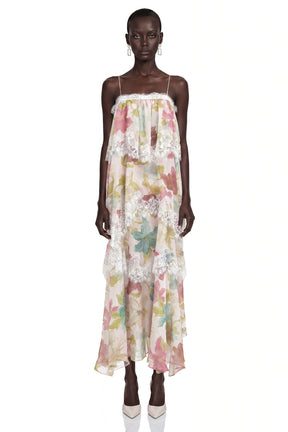 Rhema Pink Floral Tiered Maxi Dress with Lace Trim