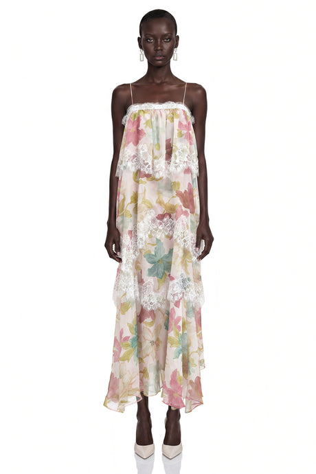 Adriana Maxi Dress Pink Floral Tiered with Lace Trim