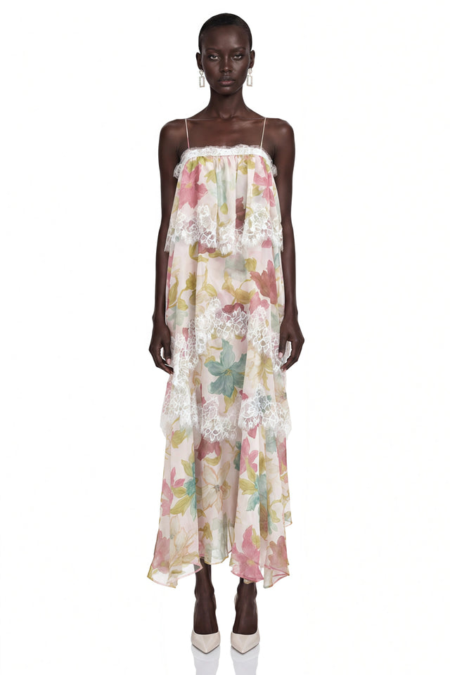 Rhema Pink Floral Tiered Maxi Dress with Lace Trim