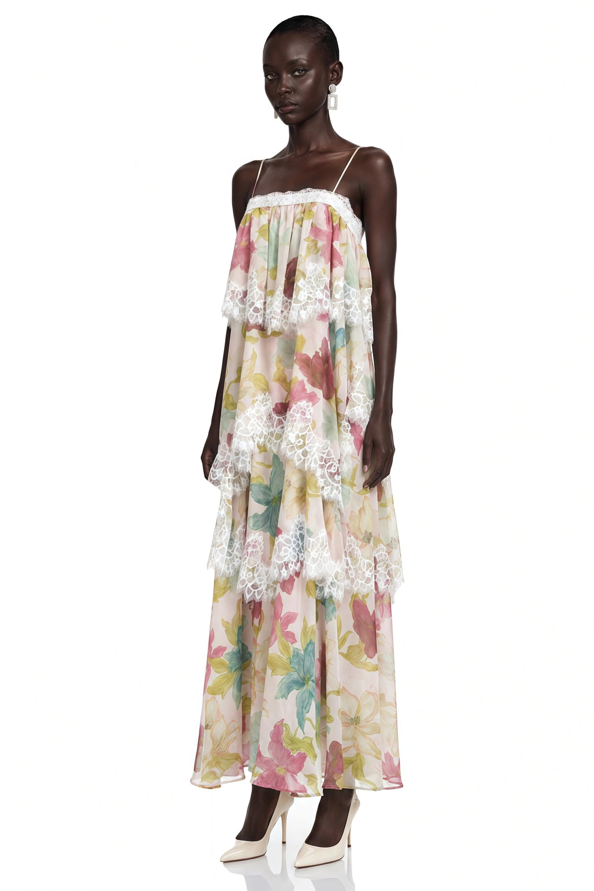 Rhema Pink Floral Tiered Maxi Dress with Lace Trim