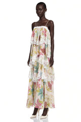 Rhema Pink Floral Tiered Maxi Dress with Lace Trim