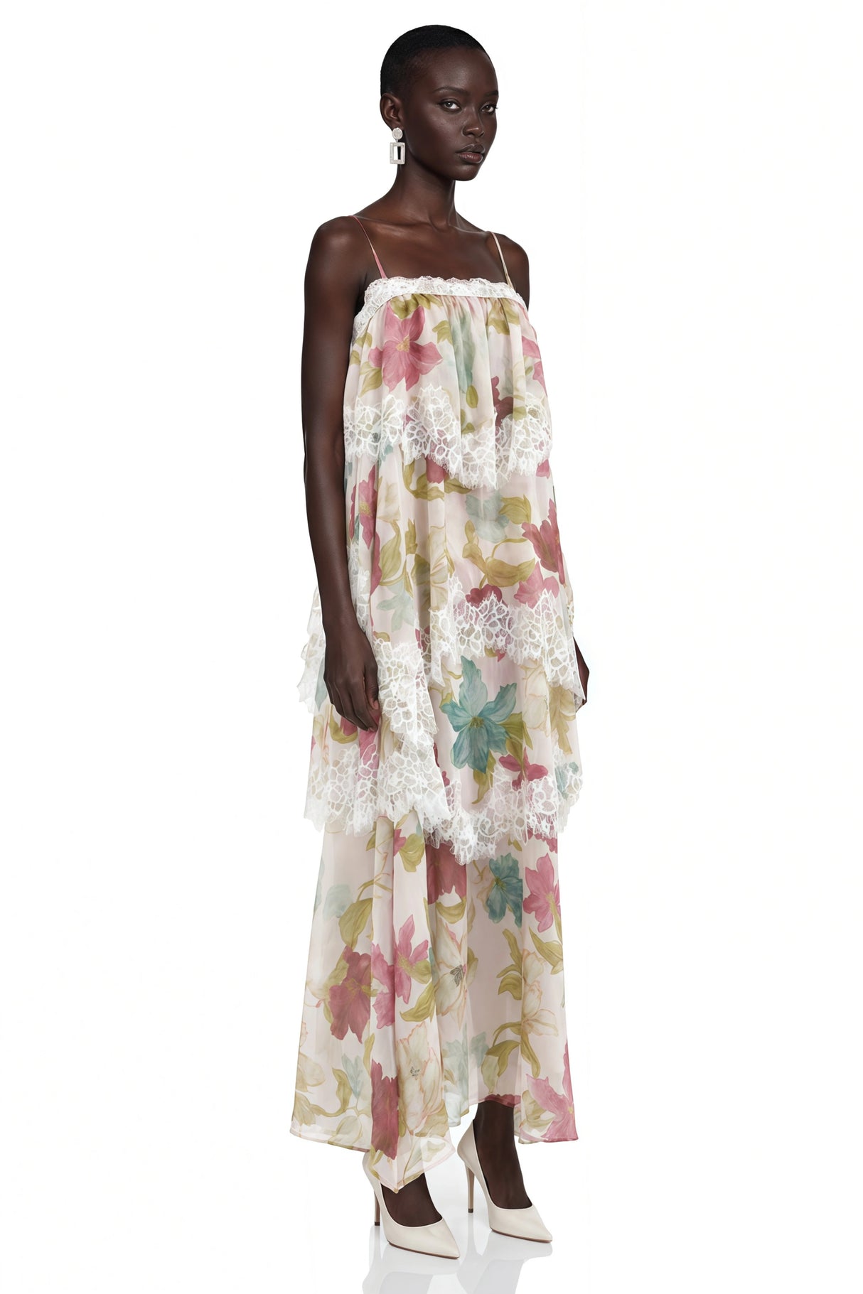 Rhema Pink Floral Tiered Maxi Dress with Lace Trim