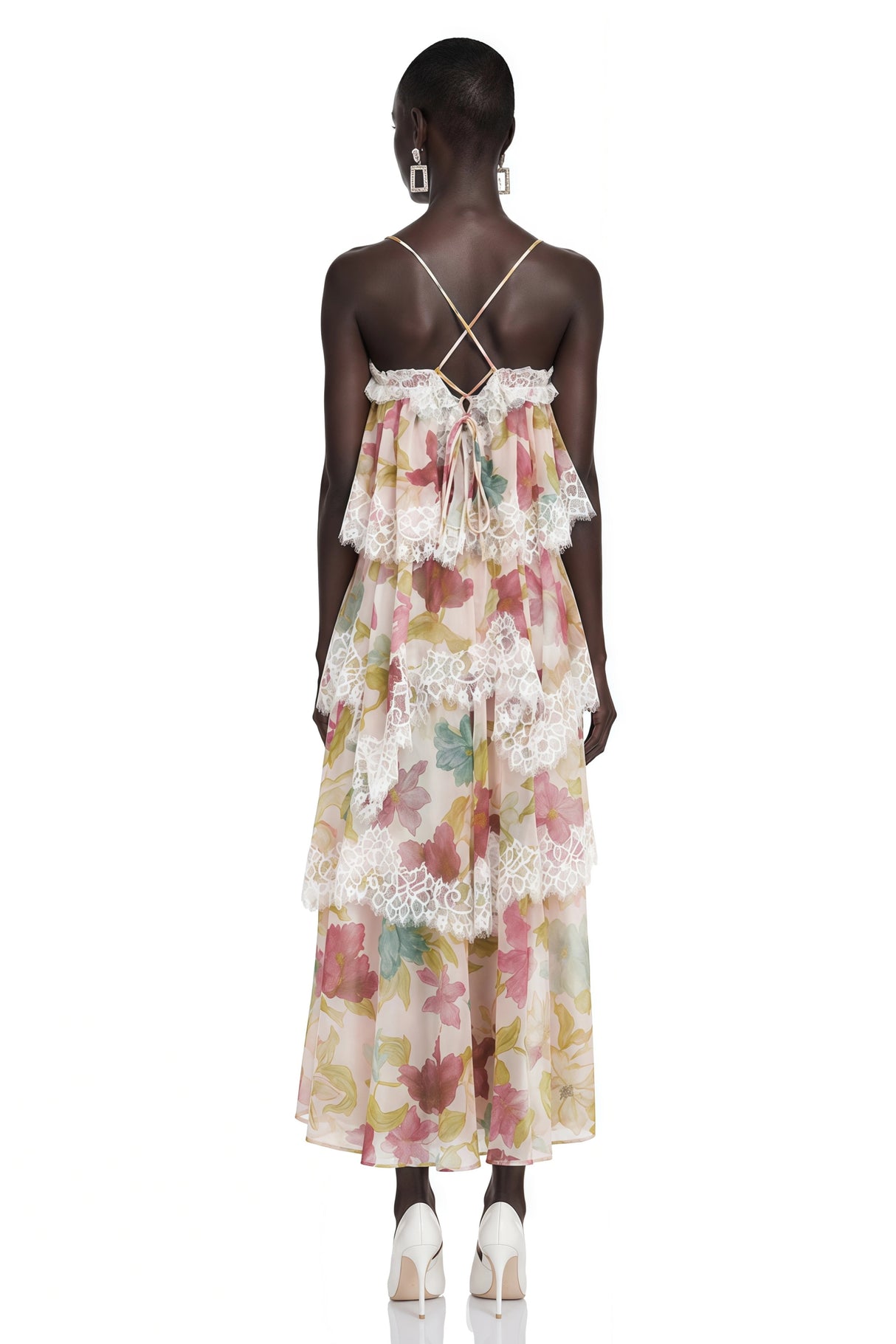 Rhema Pink Floral Tiered Maxi Dress with Lace Trim
