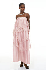 Rhema Pink Tiered Maxi Dress with Lace Trim
