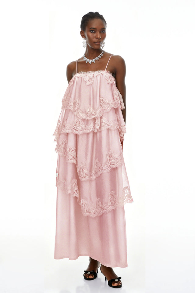 Rhema Pink Tiered Maxi Dress with Lace Trim