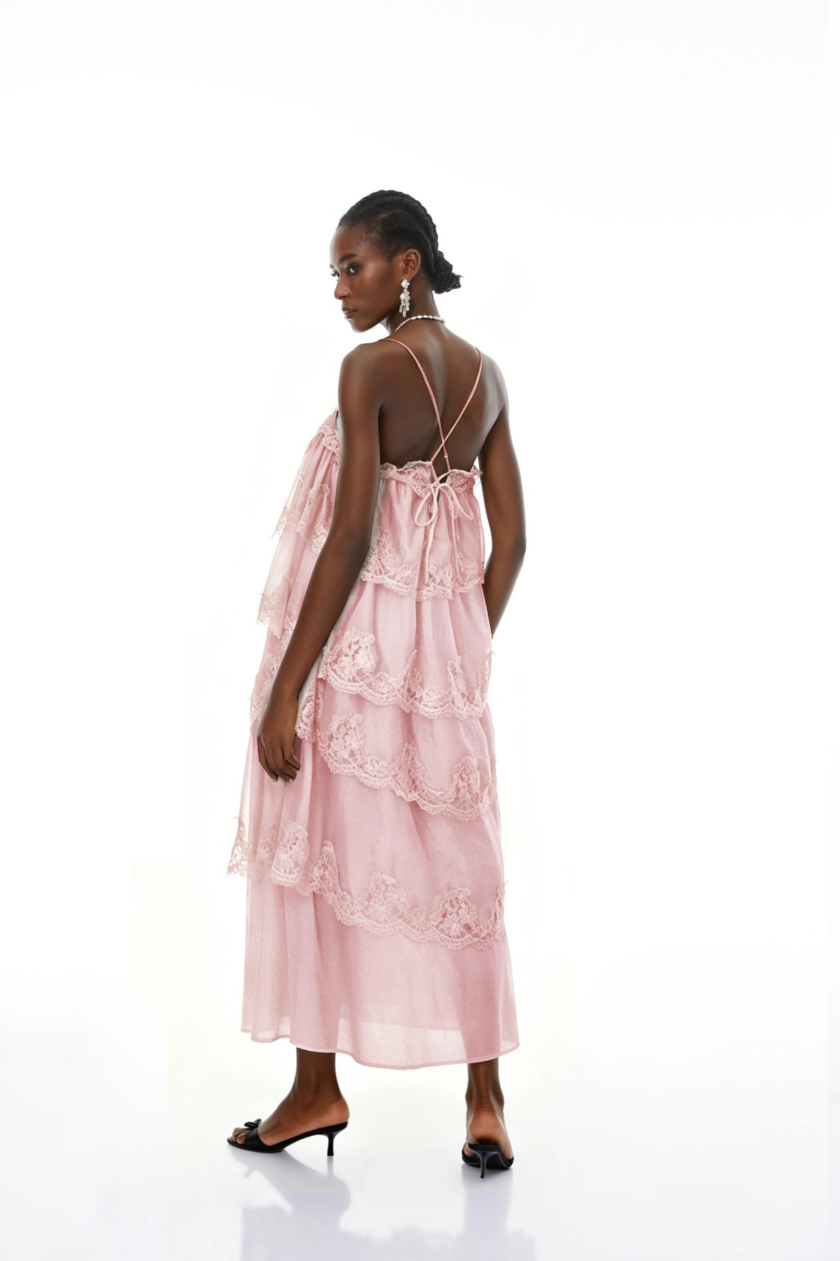 Rhema Pink Tiered Maxi Dress with Lace Trim