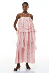 Rhema Pink Tiered Maxi Dress with Lace Trim