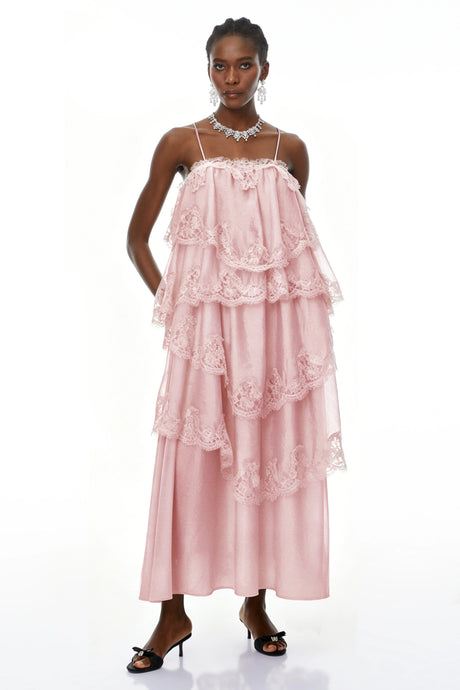 Piper Maxi Dress Pink Tiered with Lace Trim