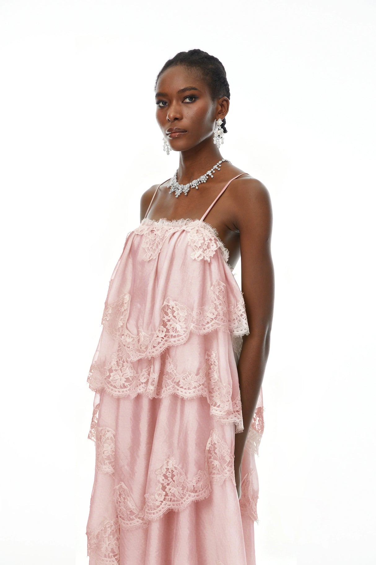 Rhema Pink Tiered Maxi Dress with Lace Trim