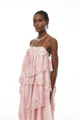Rhema Pink Tiered Maxi Dress with Lace Trim