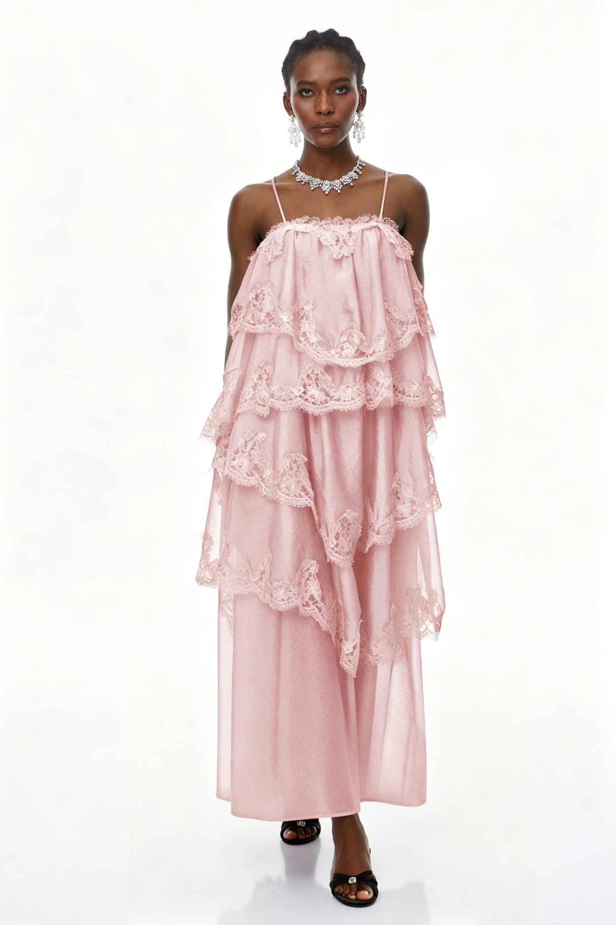 Rhema Pink Tiered Maxi Dress with Lace Trim
