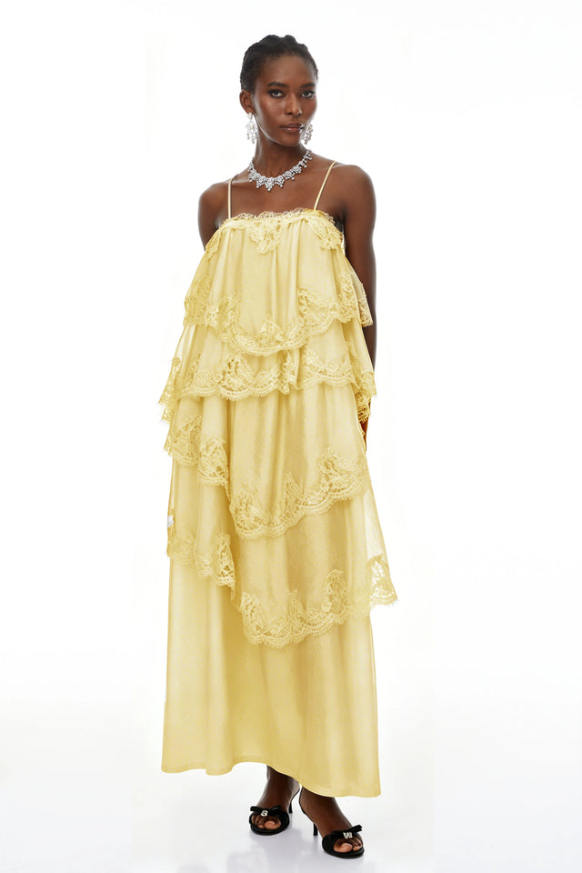 Rhema Yellow Tiered Maxi Dress with Lace Trim