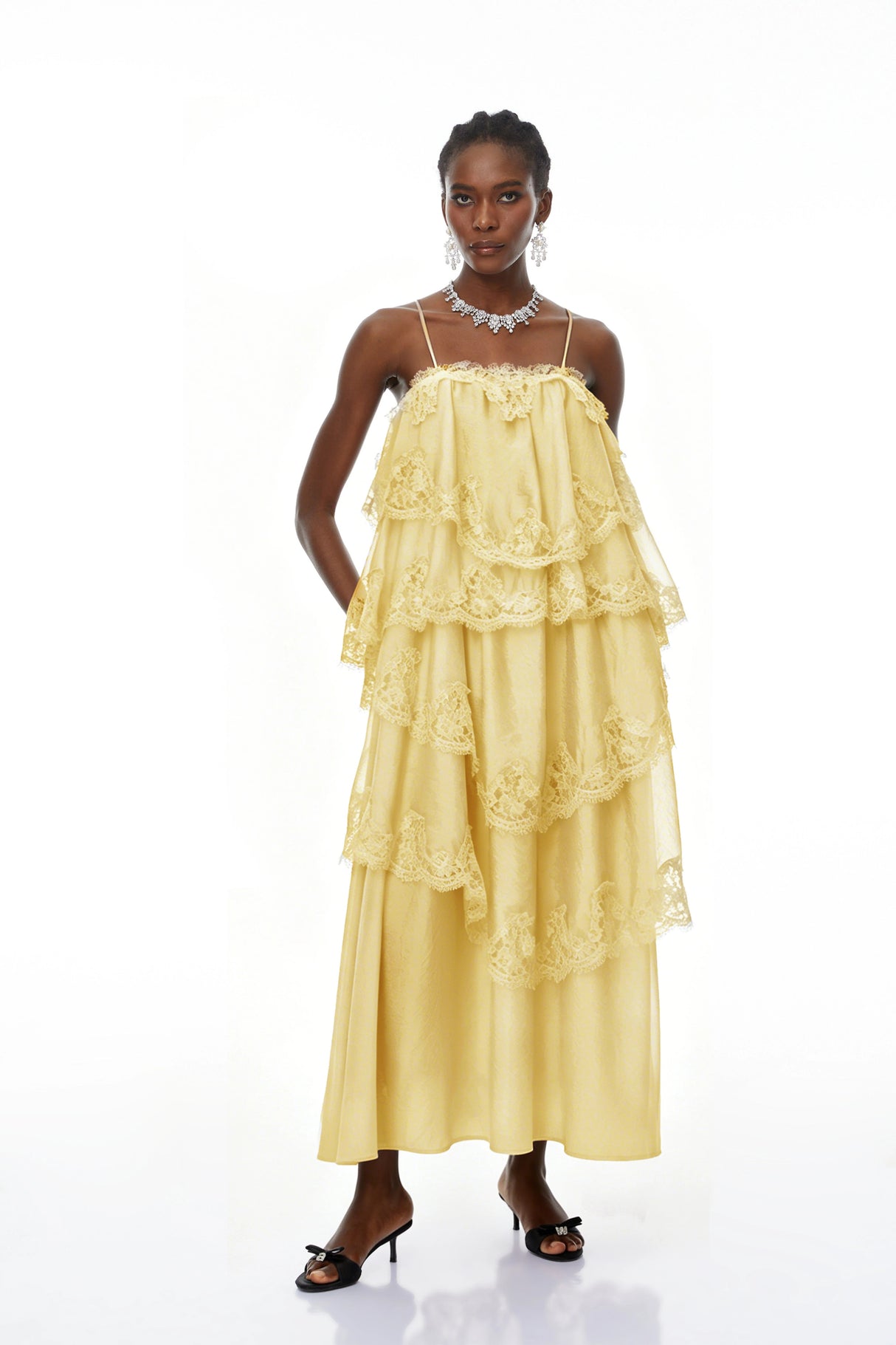 Rhema Yellow Tiered Maxi Dress with Lace Trim