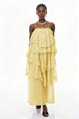 Rhema Yellow Tiered Maxi Dress with Lace Trim