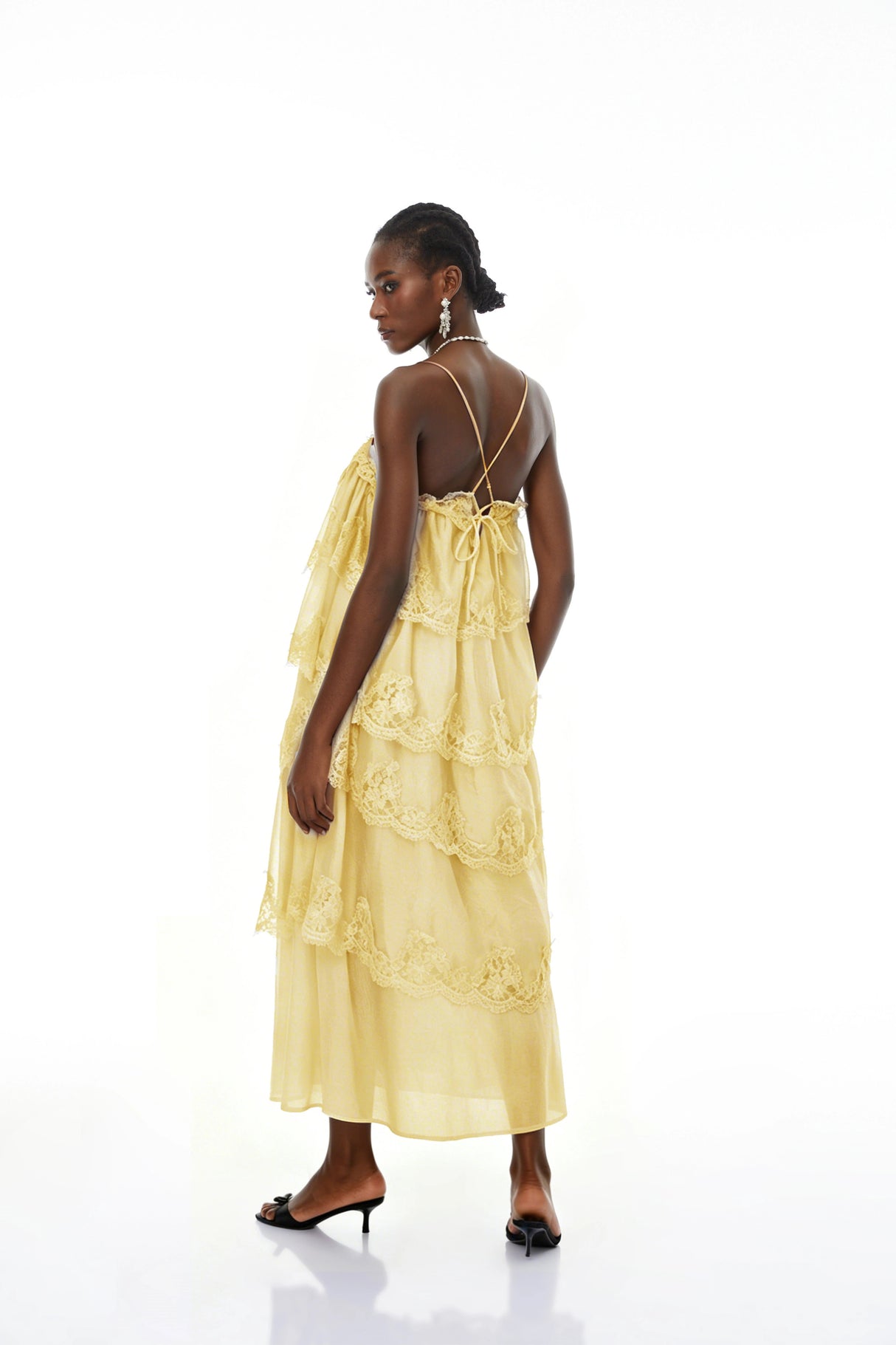 Rhema Yellow Tiered Maxi Dress with Lace Trim