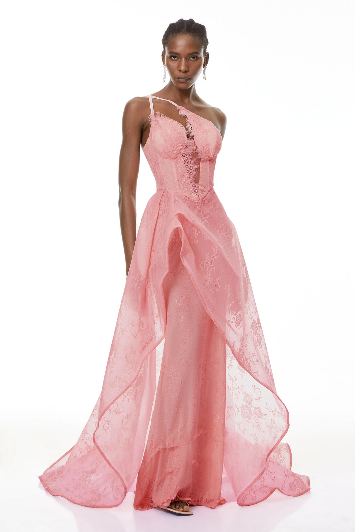 Ricarda Pink One Shoulder Lace Maxi Dress