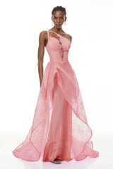 Ricarda Pink One Shoulder Lace Maxi Dress