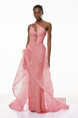 Ricarda Pink One Shoulder Lace Maxi Dress