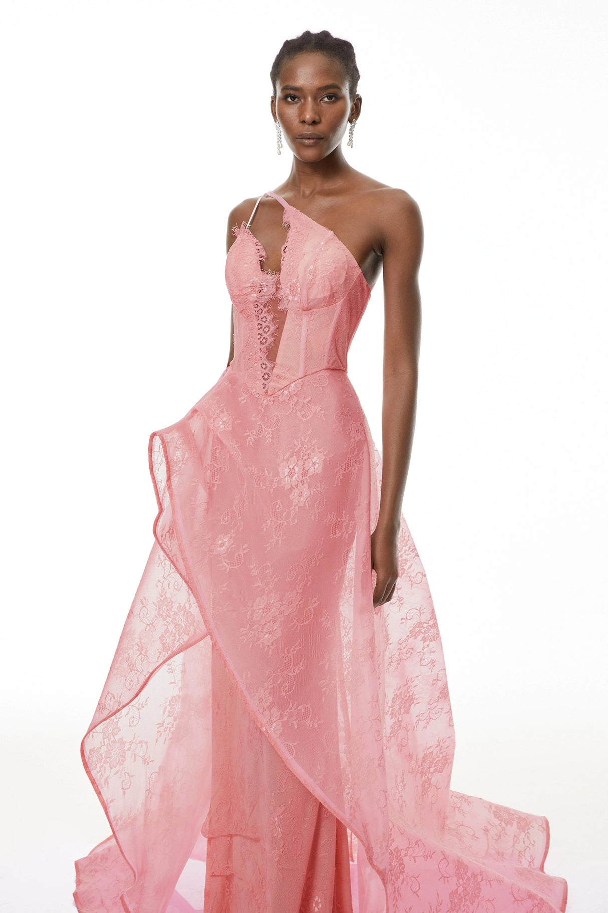 Ricarda Pink One Shoulder Lace Maxi Dress