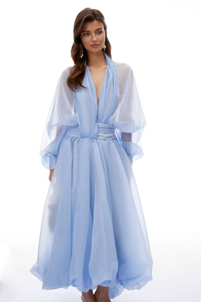 Riley Blue Draped Tulle Maxi Dress