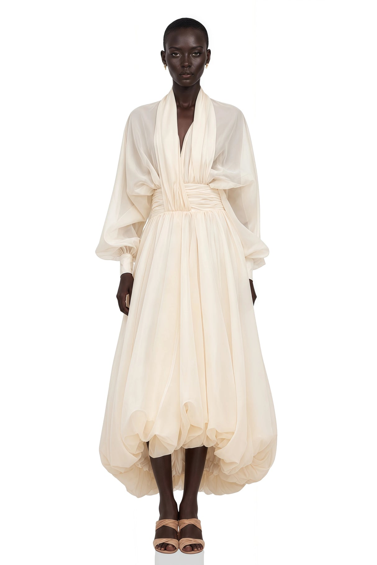 Riley Cream White Draped Tulle Maxi Dress