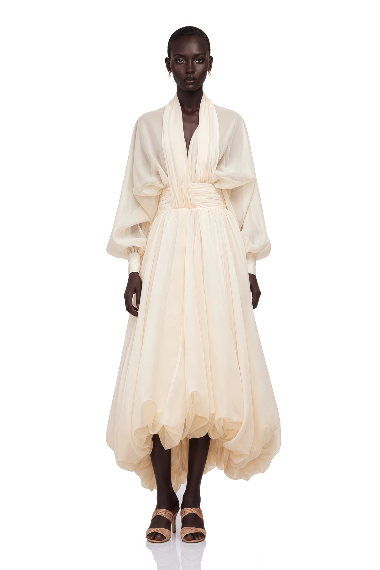 Riley Cream White Draped Tulle Maxi Dress