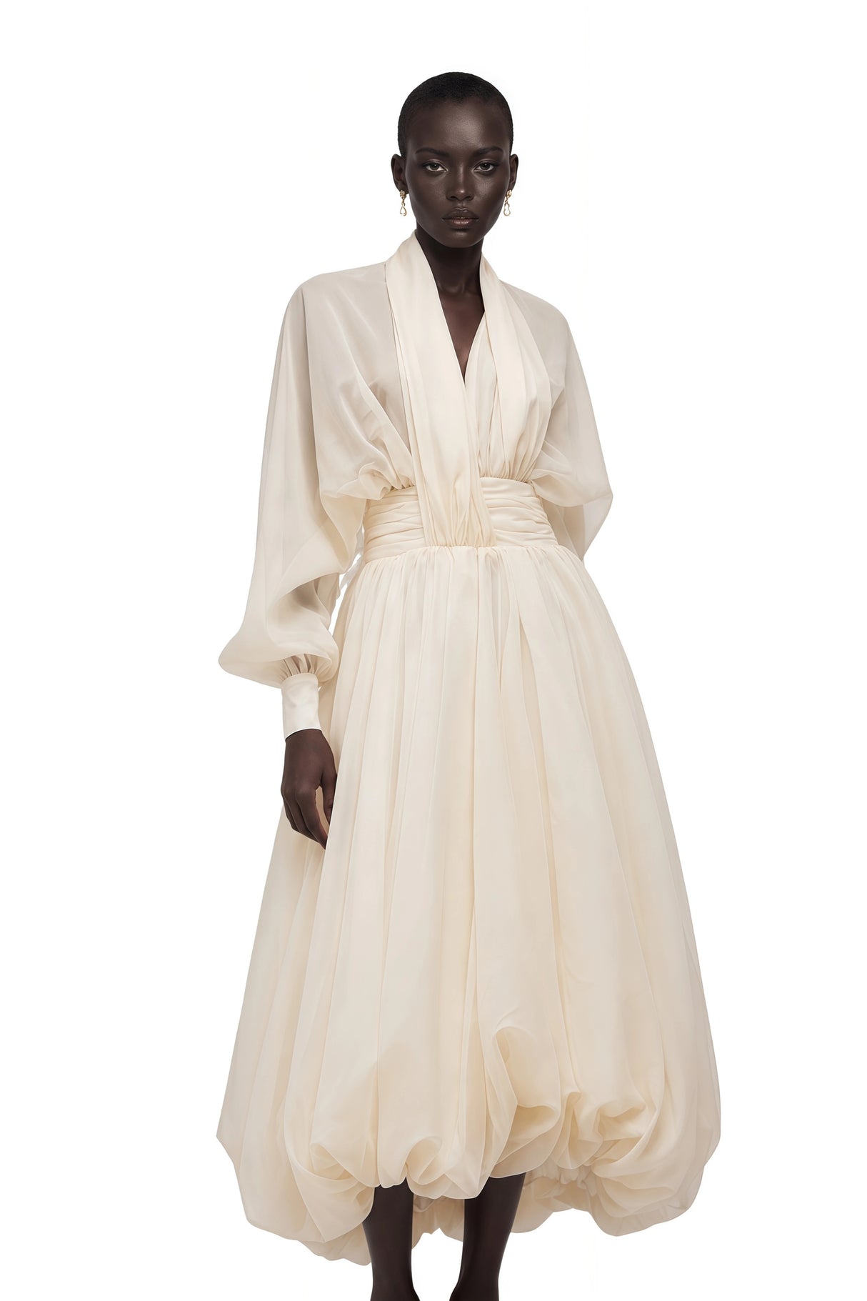 Riley Cream White Draped Tulle Maxi Dress