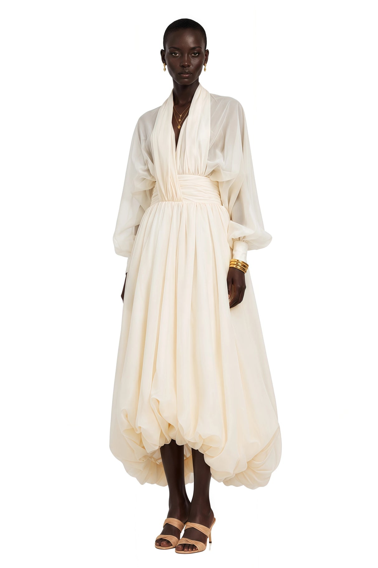 Riley Cream White Draped Tulle Maxi Dress