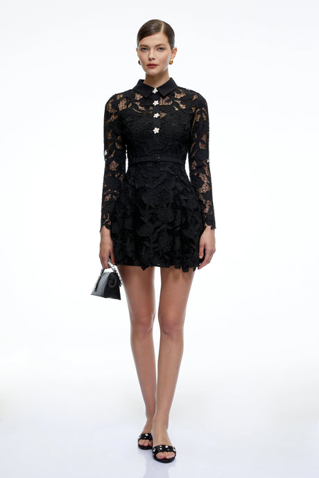 Gelsomina Mini Dress Black Long Sleeves Lace