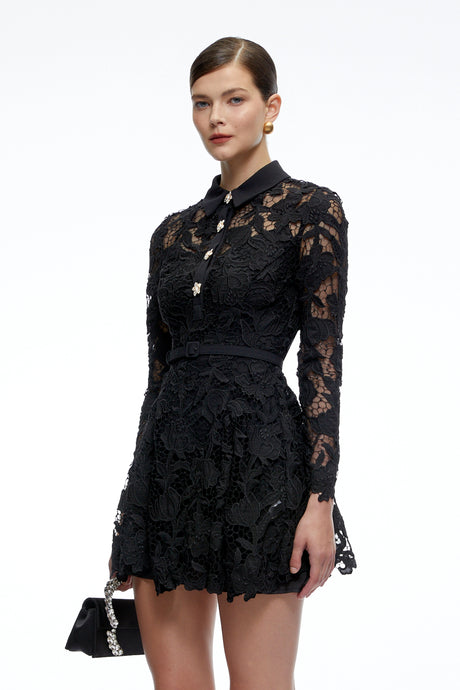 Gelsomina Mini Dress Black Long Sleeves Lace