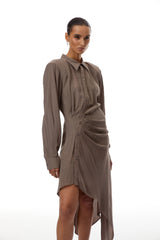 Roberta Brown Ruched Asymmetrical Midi Dress