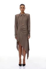 Roberta Brown Ruched Asymmetrical Midi Dress