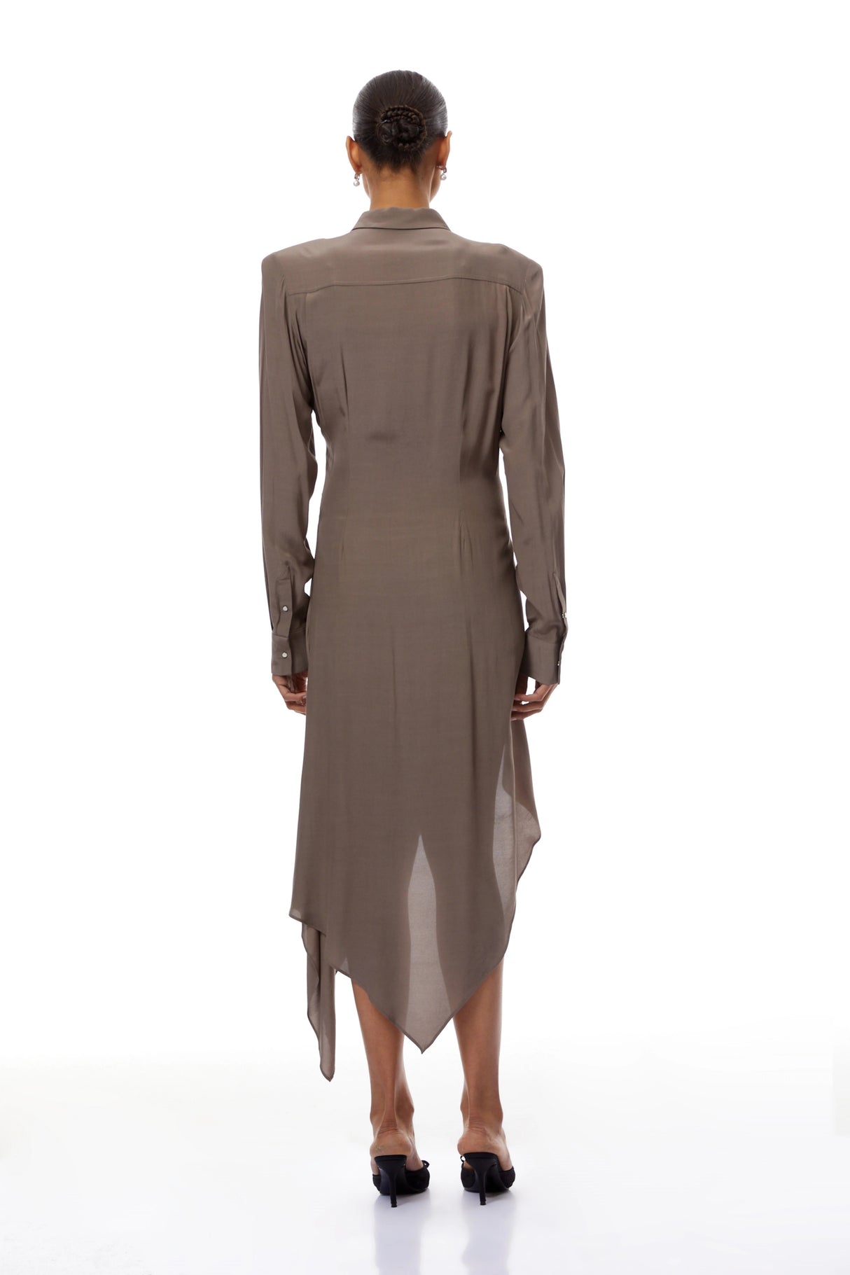 Roberta Brown Ruched Asymmetrical Midi Dress