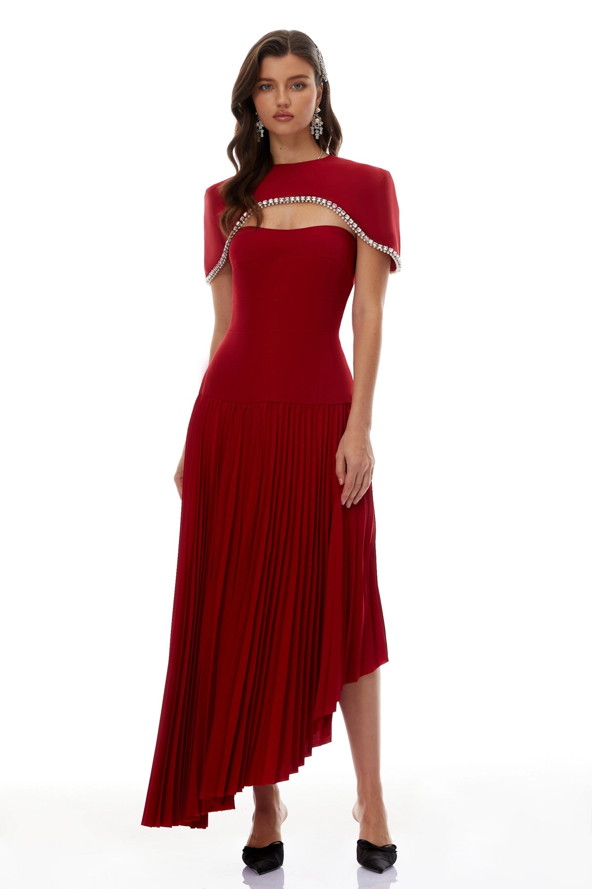 Roberta Red Pleated Dress  Cape Set