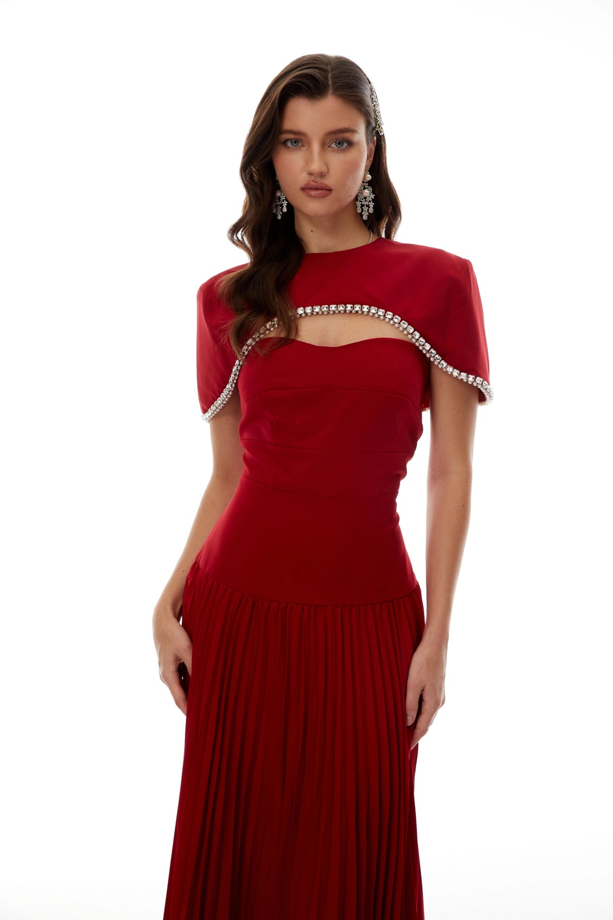 Roberta Red Pleated Dress  Cape Set