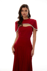 Roberta Red Pleated Dress  Cape Set