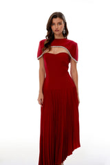 Roberta Red Pleated Dress  Cape Set