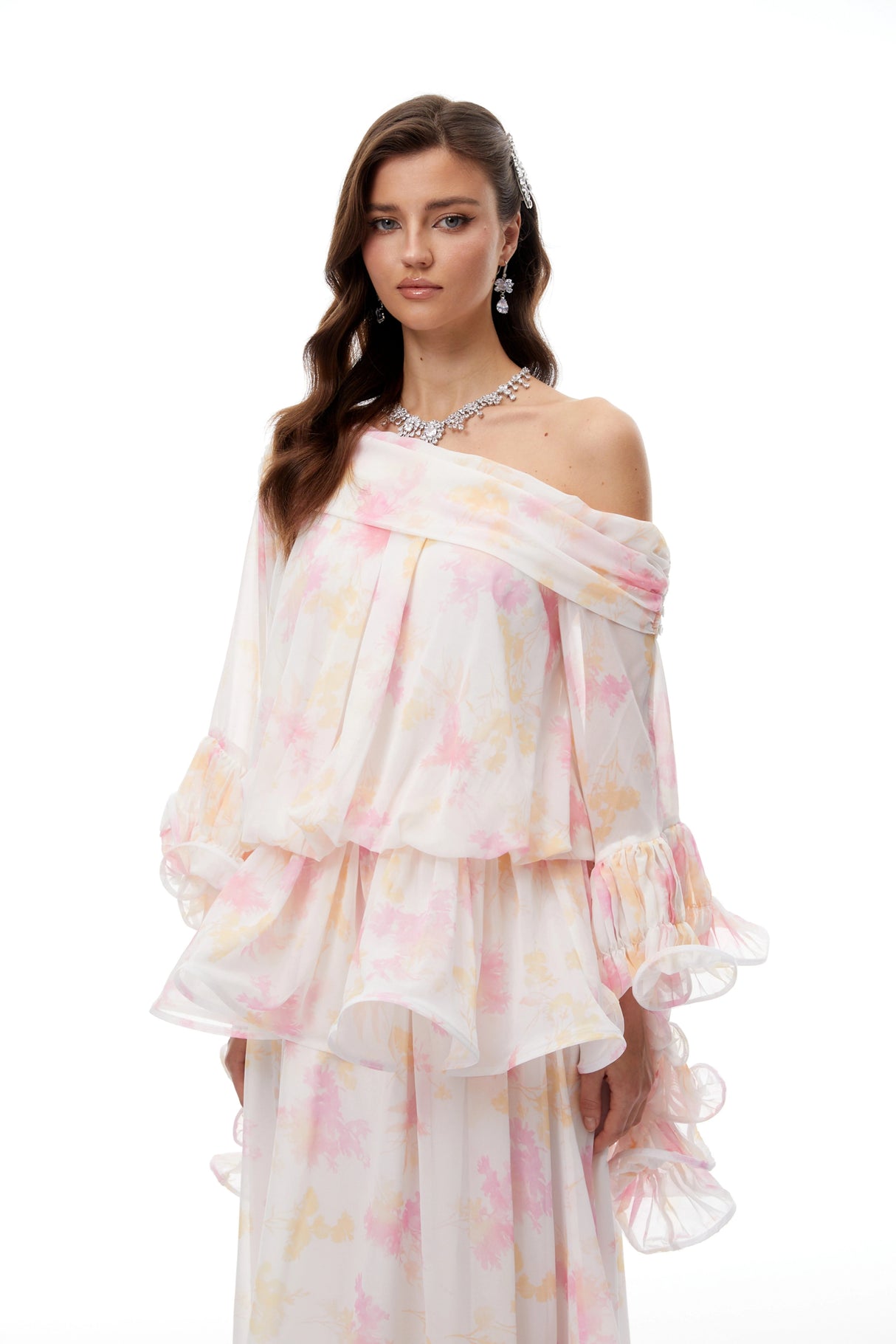 Rolf White Floral Print Ruffled Maxi Dress