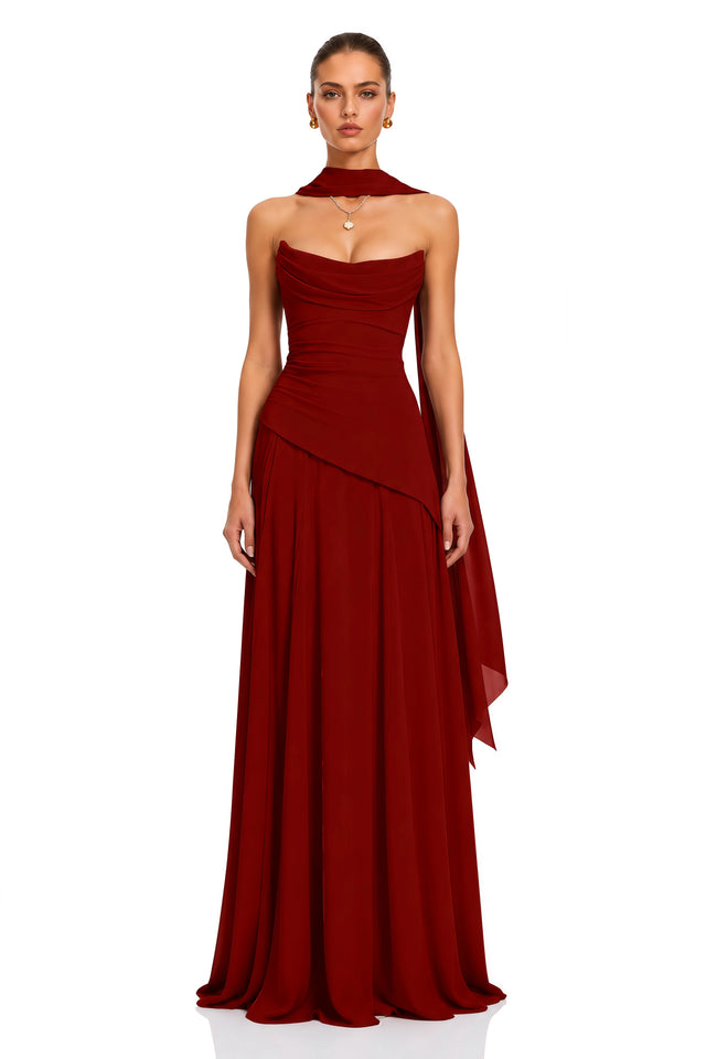 Romane Burgundy Strapless Corset Chiffon Maxi Dress