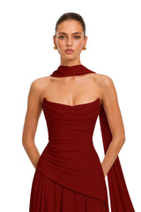 Romane Burgundy Strapless Corset Chiffon Maxi Dress
